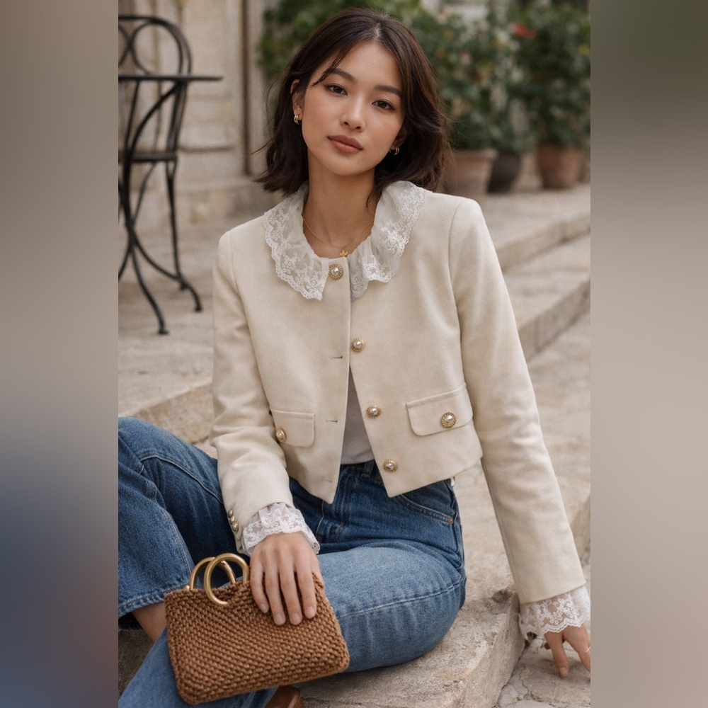 Elegant Cream Cropped Blazer with Lace Trim